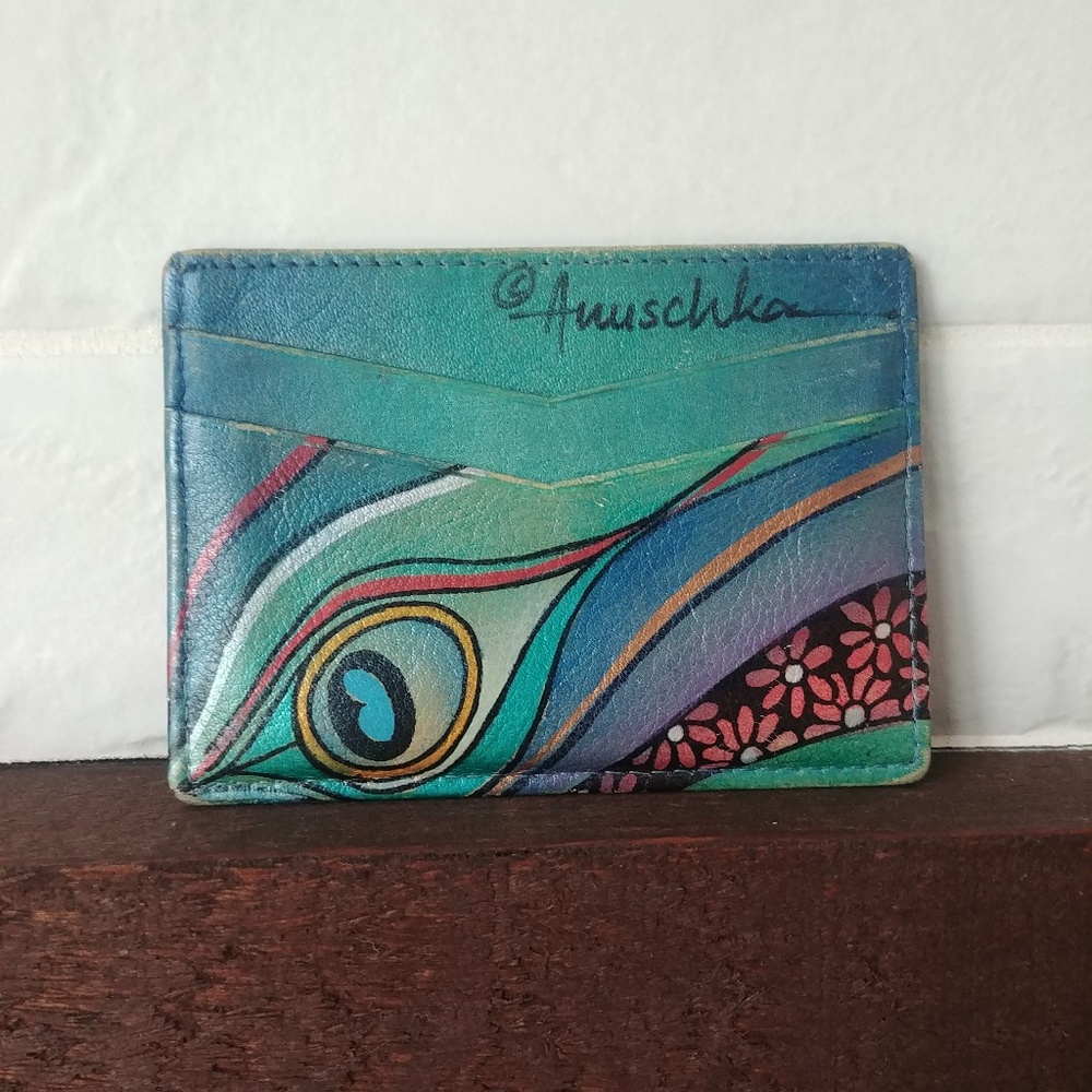 Anuschka hand painted real leather peacock blue card holder wallet